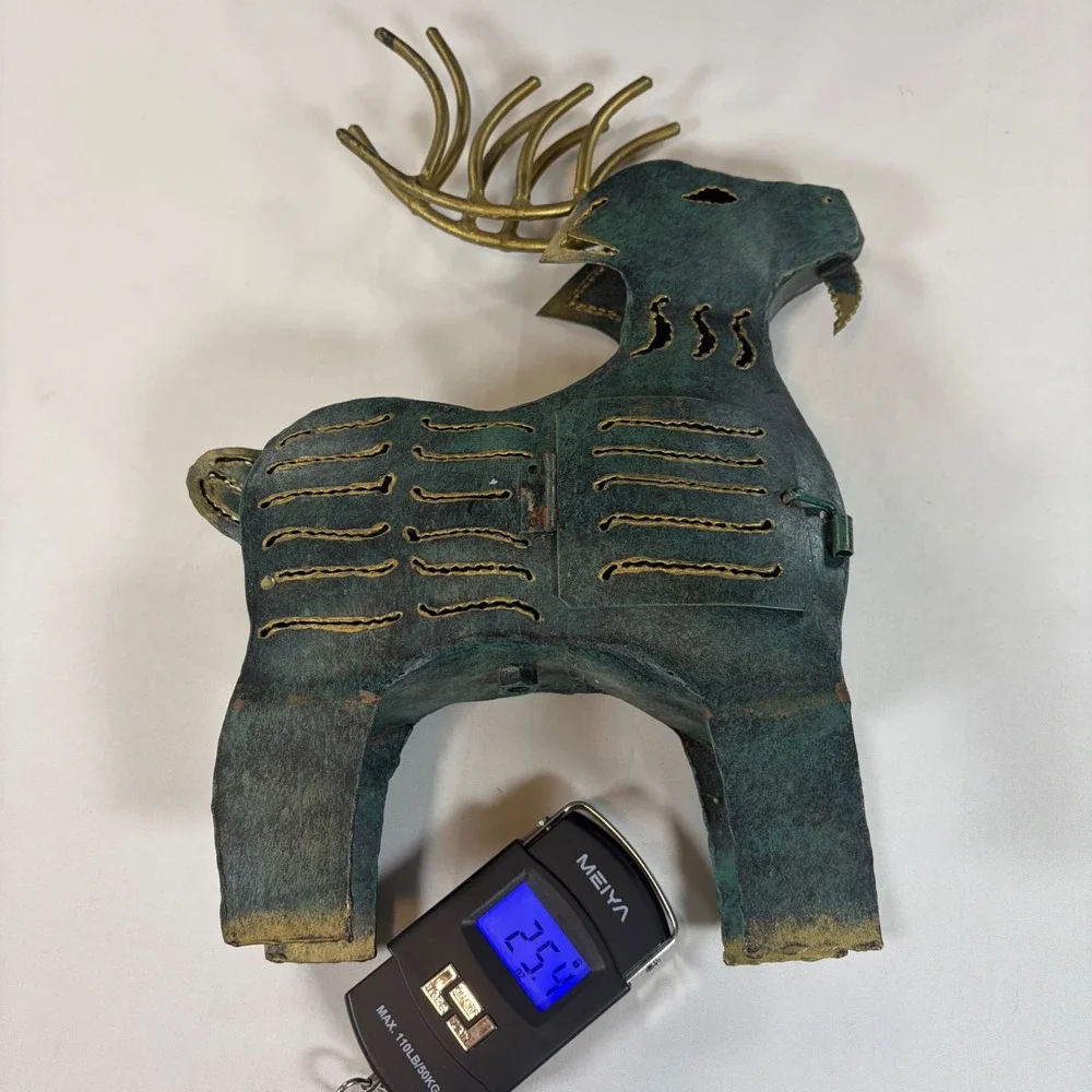 Rustic Verdigris Metal Reindeer Candle Holder Figurine Gold Antler Folk Art 13